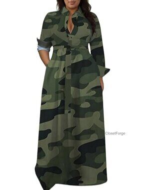 Plus Size Camo Maxi Shirt Dress Detachable Belt Long Sleeve Casual